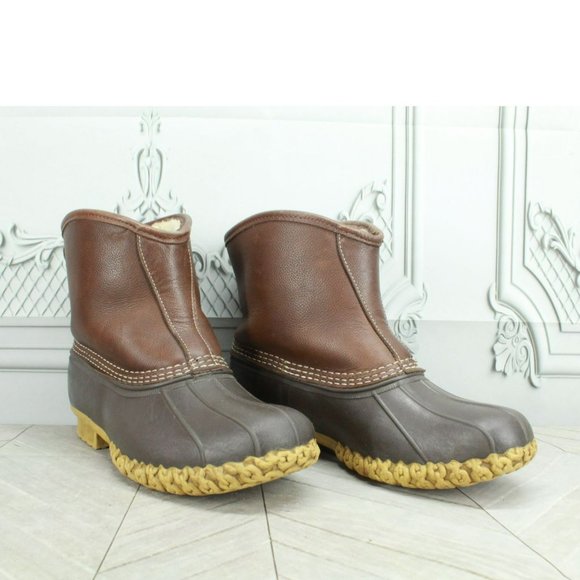 LL Bean Brown Leather Slip On Shearling Lined Ankle Duck Boots Size 8 Wide - Picture 3 of 8